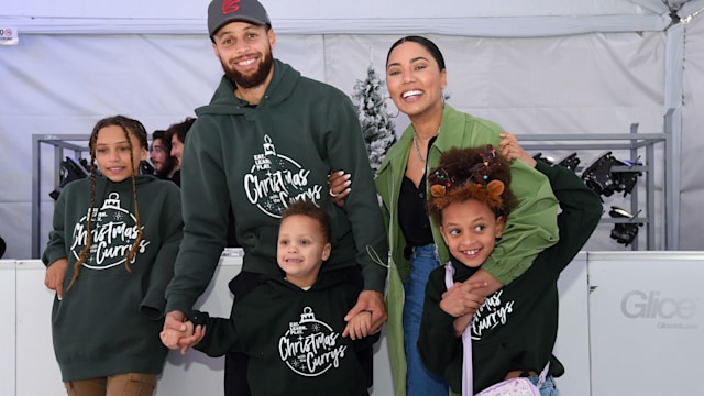 OAKLAND, CALIFORNIA - DECEMBER 11: (L-R) Riley Elizabeth Curry, Stephen Curry, Canon W. Jack Curry, Ayesha Curry and Ryan Carson Curry attend Eat. Learn. Play.'s 10th Annual Christmas with the Currys Celebration at The Bridge Yard on December 11, 2022 in Oakland, California. (Photo by Noah Graham/Getty Images for Eat. Learn. Play.)