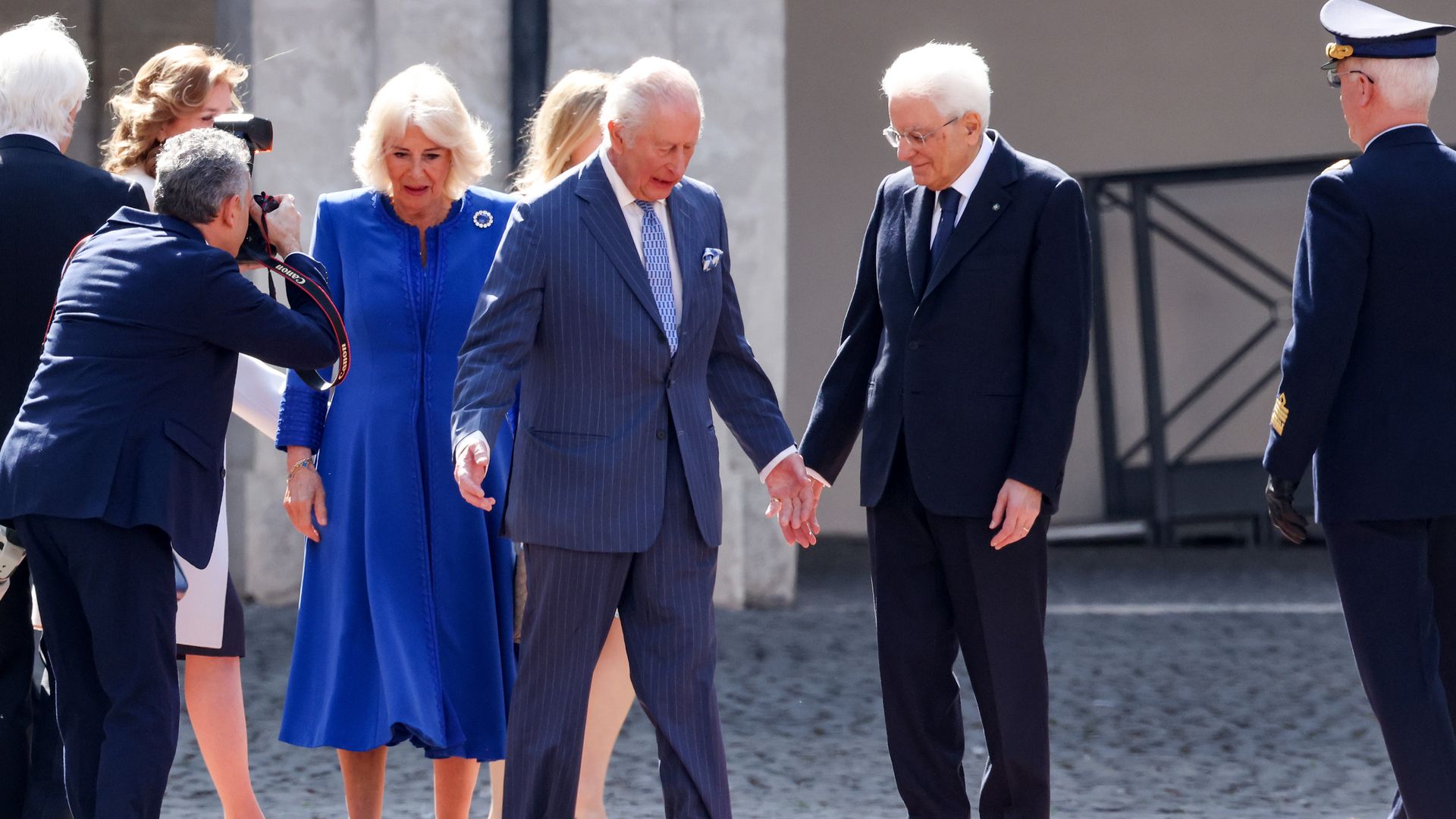 Queen Camilla and King Charles III are welcomed by Italy's President Sergio Mattarella as they arrive at the Quirinale Palace during day two of King Charles III and Queen Camilla's State visit to The Republic of Italy