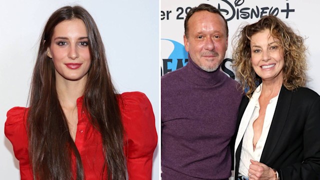 Split image of Audrey McGraw next to a photo of her parents, Tim McGraw and Faith Hill