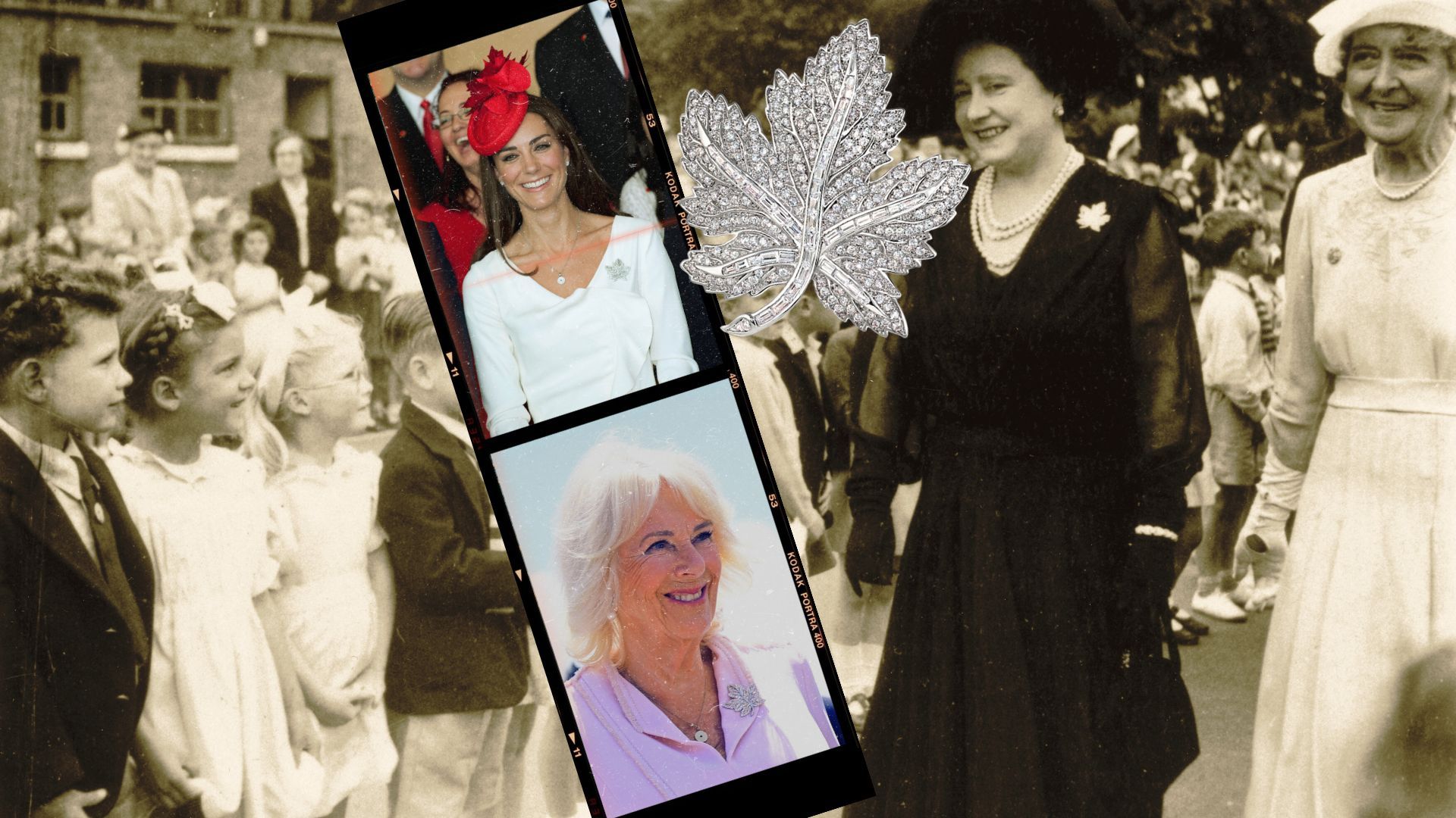 A collage showing the royal Asprey Maple Leaf Brooch worn by Queen Elizabeth, the Queen Mother, Kate Middleton, and Queen Camilla, symbolising the royal family's connection to Canada across generations.