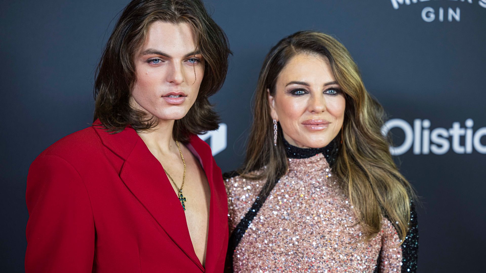 Elizabeth Hurley is a vision in glitzy gown as she joins son Damian on the red carpet