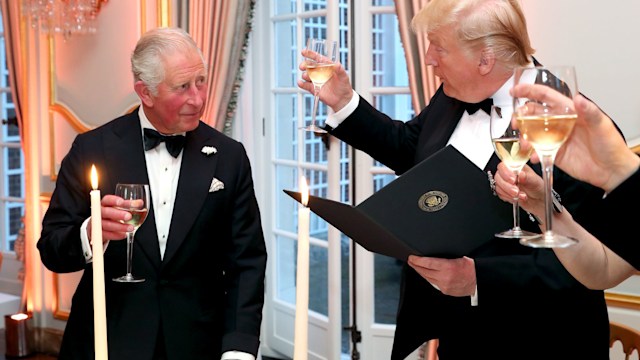 President Donald Trump (R) and First Lady Melania Trump host a dinner at Winfield House for Prince Charles, Prince of Wales (L) and Camilla, Duchess of Cornwall in 2019