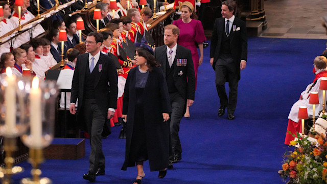 Princess Eugenie, Jack Brooksbank, Prince Harry, Princess Beatrice and Edoardo Mapelli Mozzi arriving at Westminster Abbey for King Charles III's coronation 