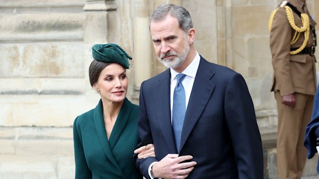 Queen Letizia in green dress and King Felipe leaving Westminster Abbey