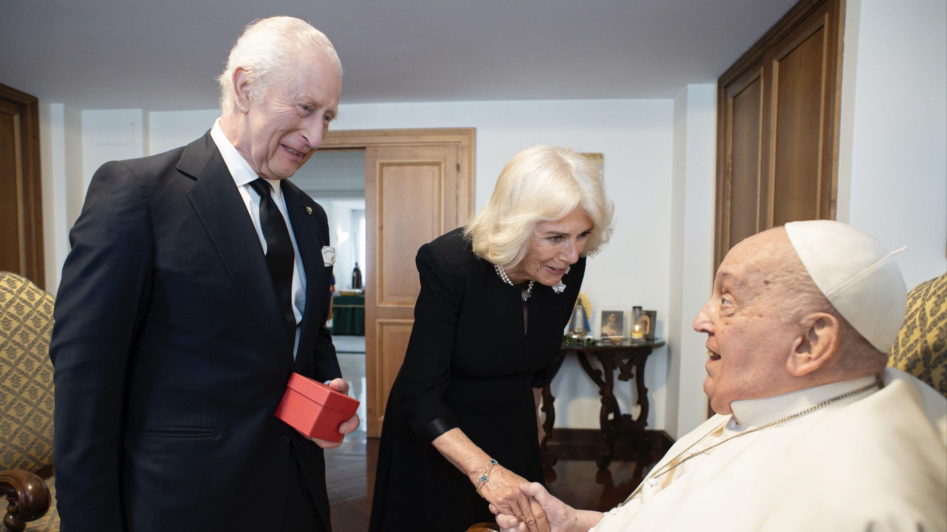King Charles III and Queen Camilla during a private meeting with Pope Francis in Rome