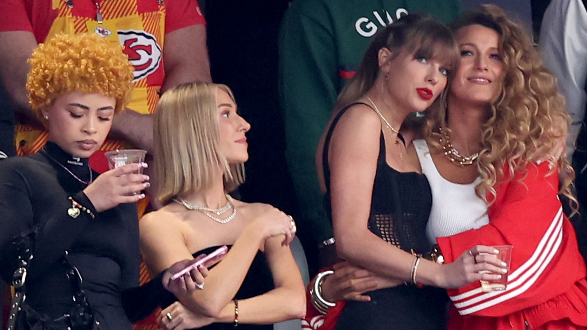 Rapper Ice Spice, singer Taylor Swift and actress Blake Lively prior to Super Bowl LVIII between the San Francisco 49ers and Kansas City Chiefs at Allegiant Stadium on February 11, 2024 in Las Vegas, Nevada