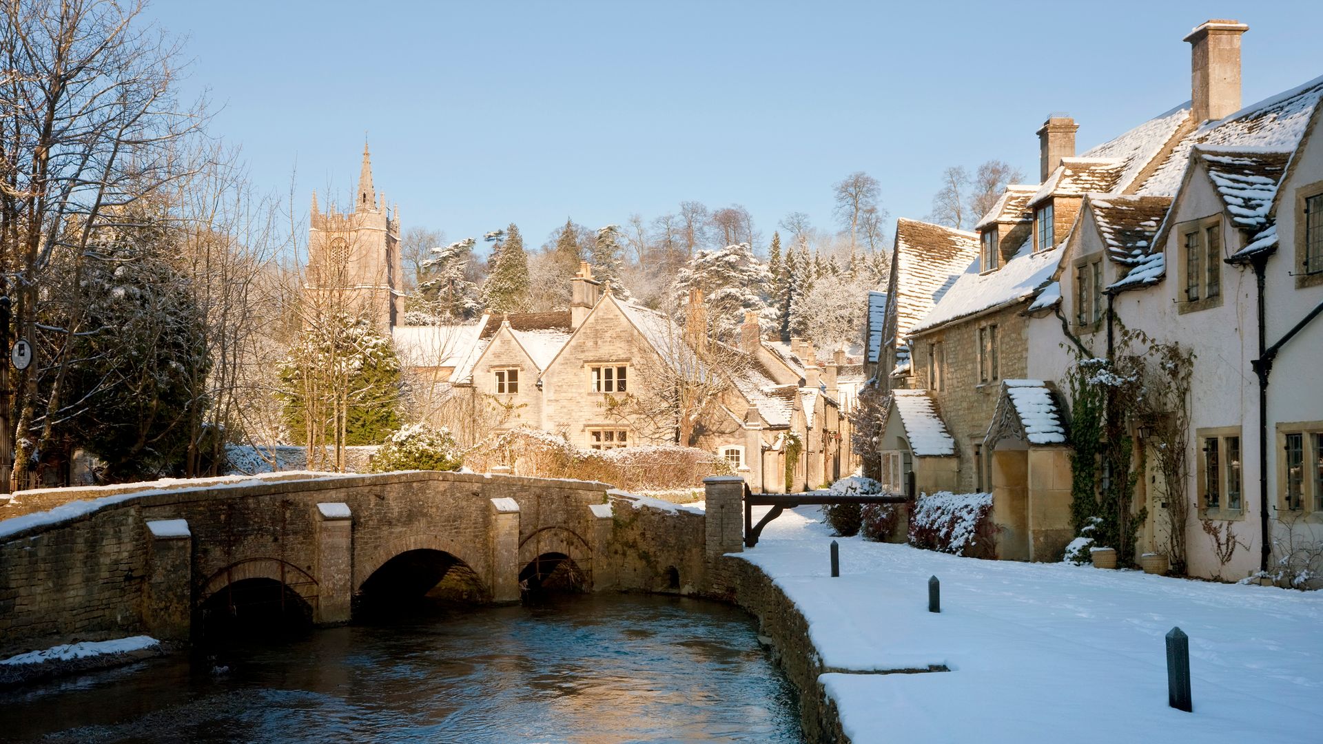 Castle Combe in the snow, Wiltshire, England, UK