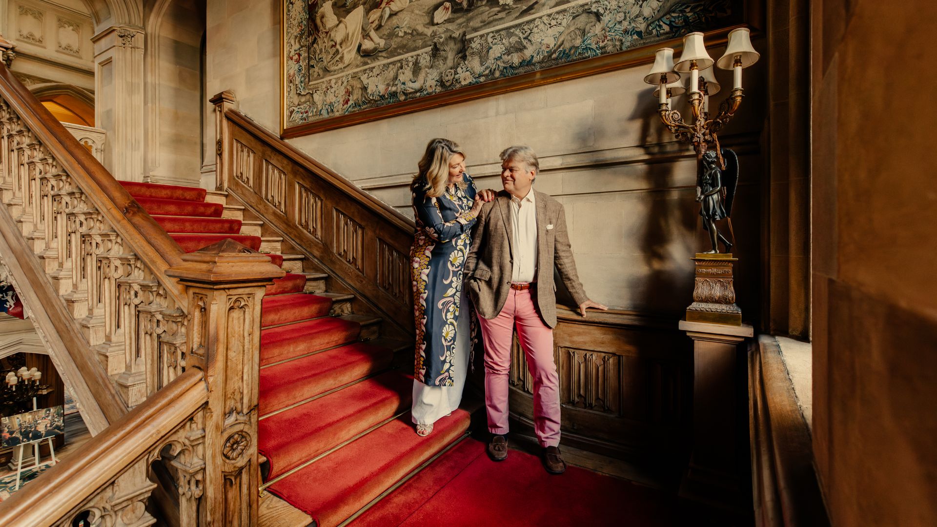 Lord and Lady Carnarvon on the staircase at Highclere Castle, Highclere, Newbury, Hampshire, United Kingdom. 29th August 2025