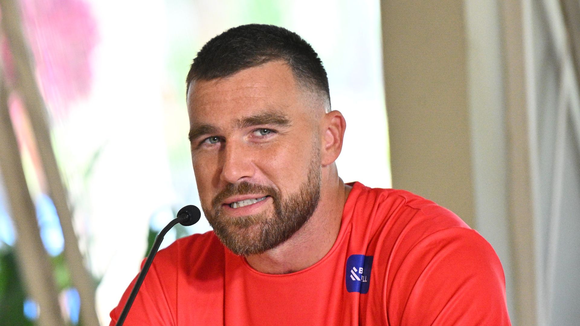 Travis Kelce speaks to the media during the practice at SPAC on September 04, 2025, in Sao Paulo, Sao Paulo, Brazil.