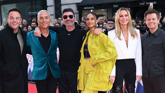 Ant McPartlin, Bruno Tonioli, Simon Cowell, Alesha Dixon, Amanda Holden and Declan Donnelly on red carpet