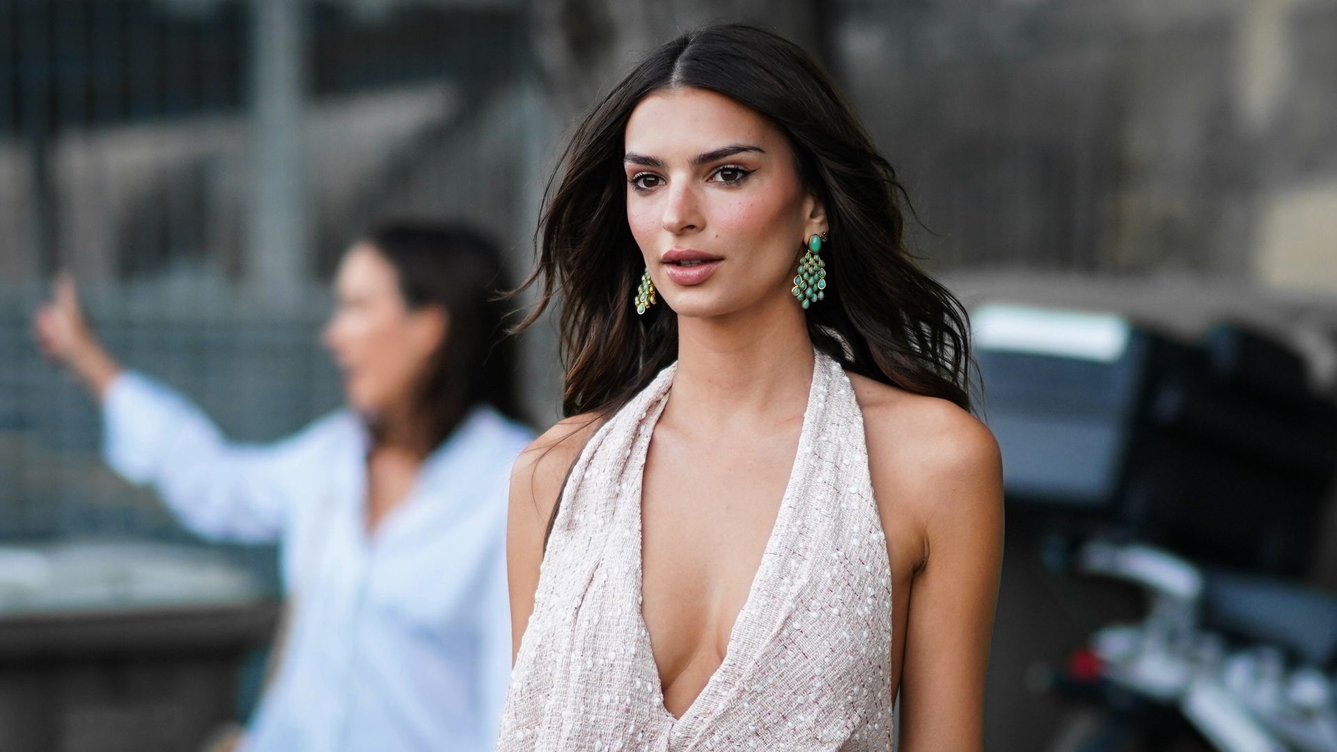 Emily Ratajkowski in halterneck beaded white gown