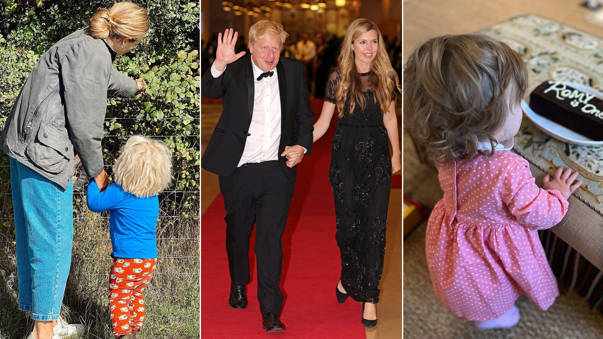 Split image showing Boris Johnson, his wife Carrie and two of their three children