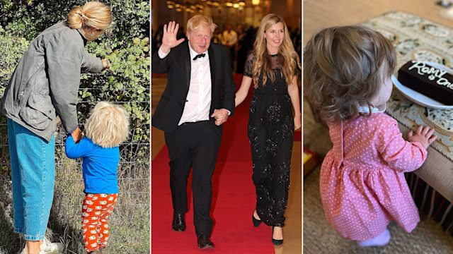 Split image showing Boris Johnson, his wife Carrie and two of their three children