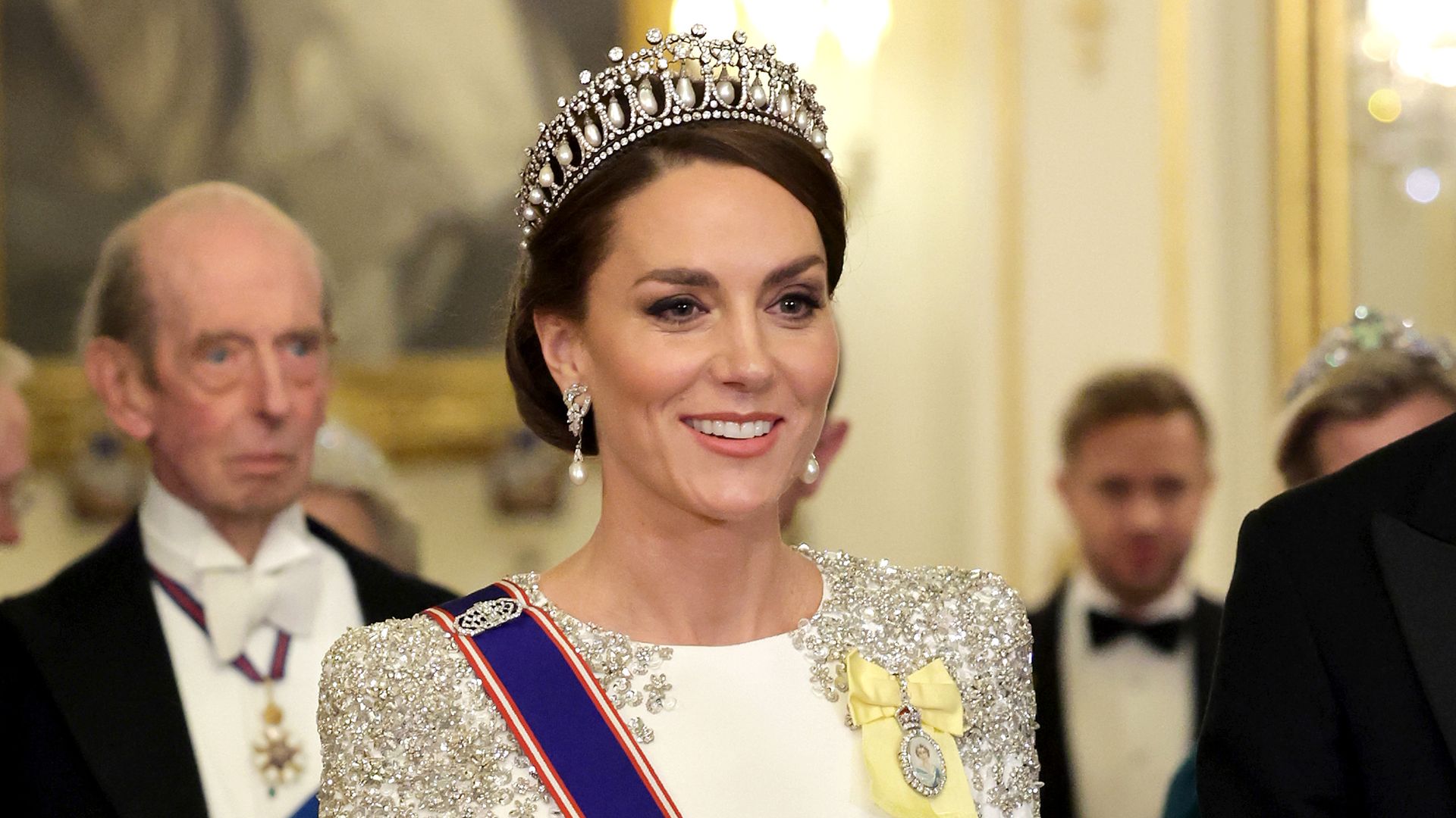 LONDON, ENGLAND - NOVEMBER 22: Catherine, Princess of Wales during the State Banquet at Buckingham Palace on November 22, 2022 in London, England. This is the first state visit hosted by the UK with King Charles III as monarch, and the first state visit h