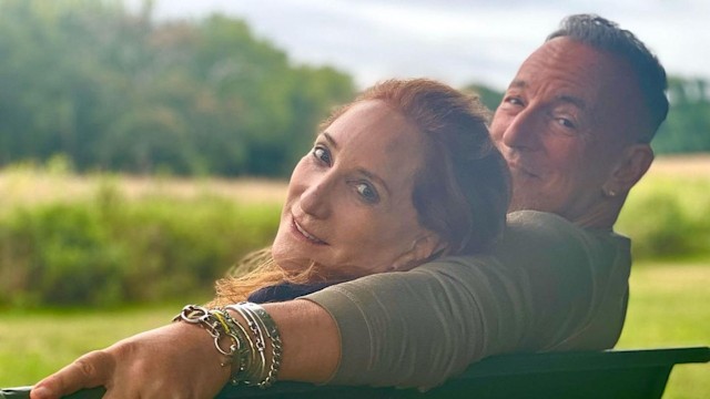 Bruce Springsteen and wife Patti Scialfa pose for a photo on a bench on their farm in Colts Neck, New Jersey, shared on Instagram