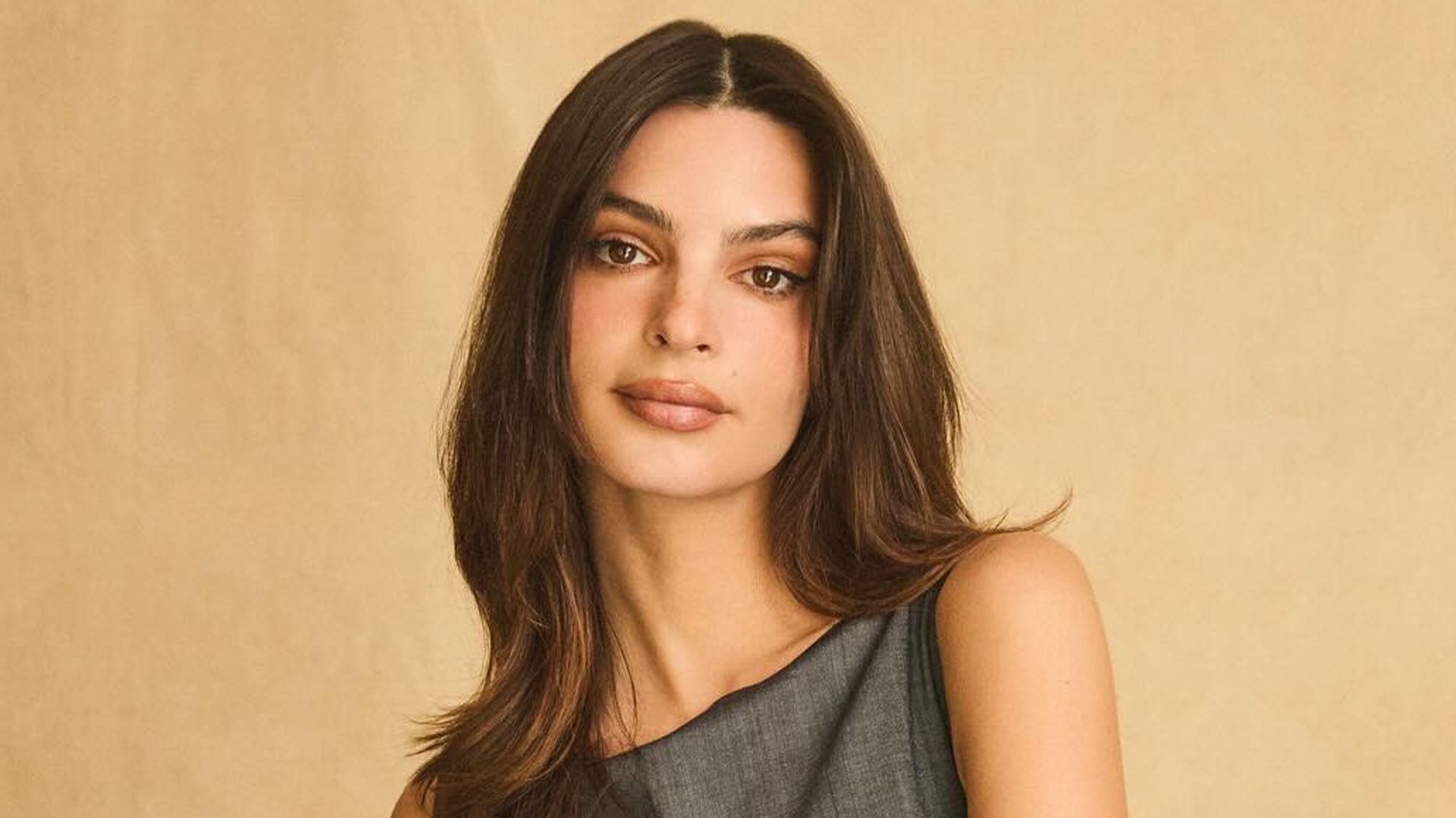 Emily Ratajkowski poses in a grey dress on her instagram