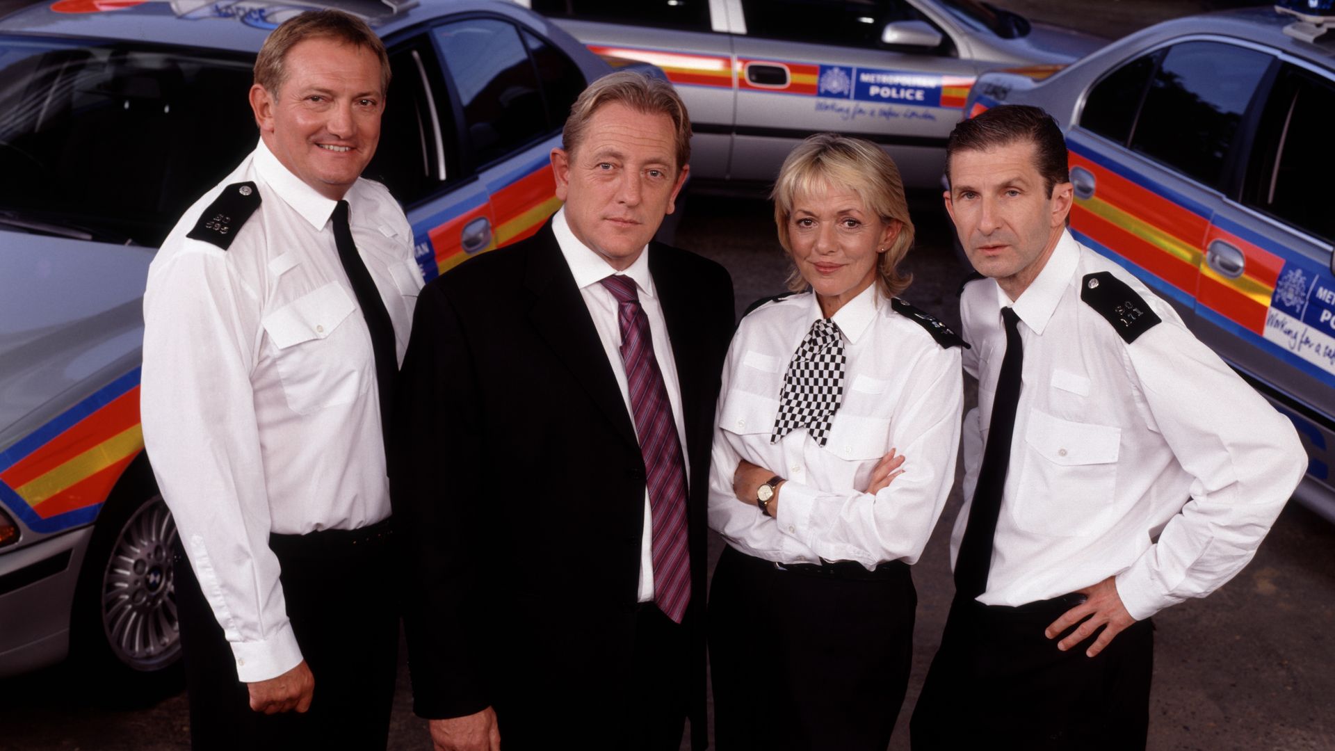 Group shot of Graham Cole, Mark Wingett and Trudie Goodwin and Jeff Stewart in a promotional picture for The Bill