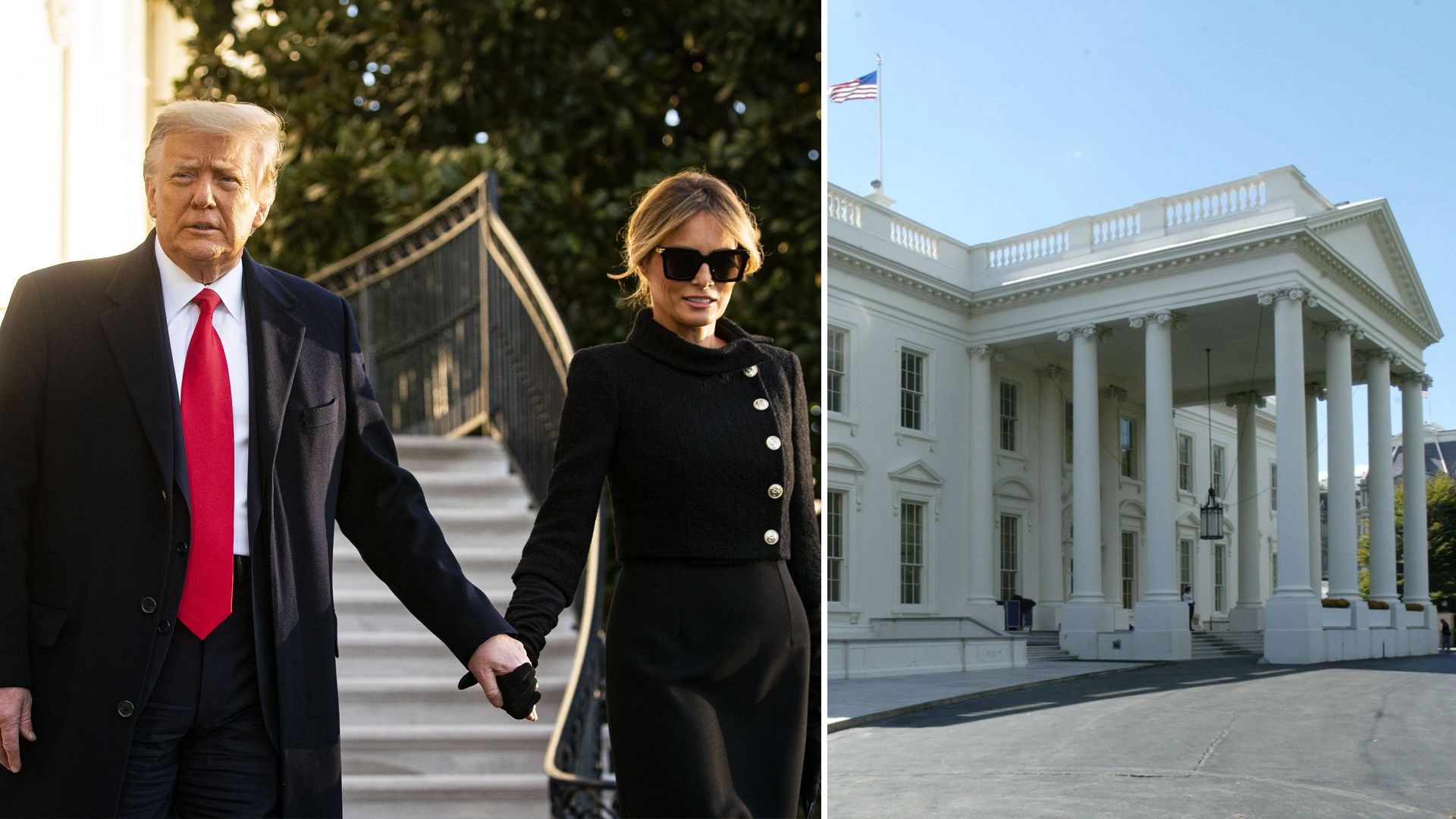 Donald and Melania Trump holding hands outside the White House