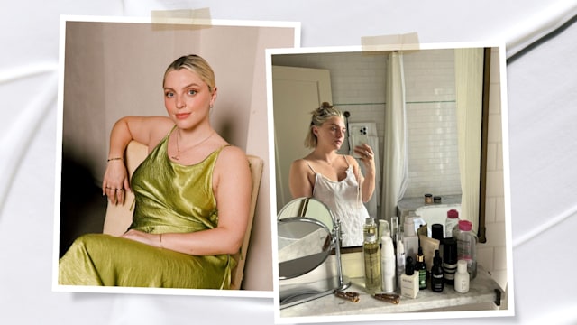 Two images of Estée Lalone: one seated in a green dress and the other a mirror selfie while getting ready 