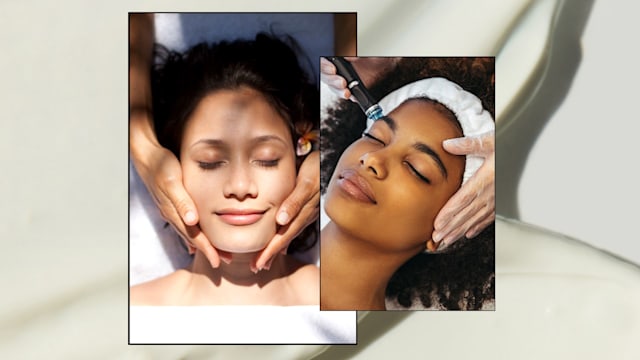 collage of two women receiving facials on a cream background