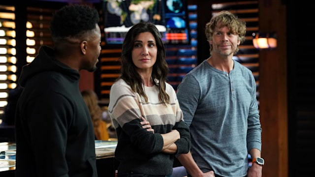 Caleb Castille (Special Agent Devin Rountree), Daniela Ruah (Special Agent Kensi Blye), and Eric Christian Olsen (LAPD Liaison Marty Deeks) on NCIS Los Angeles