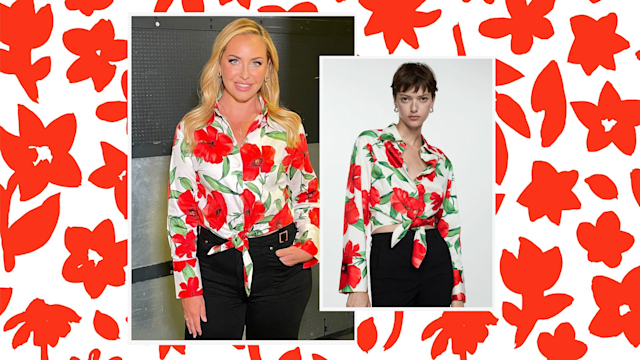 Josie Gibson on This Morning; Mango model wearing floral blouse