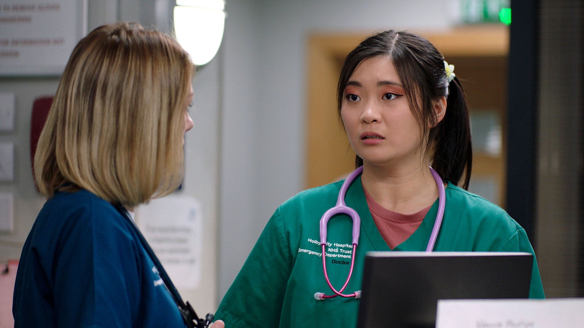 Elinor Lawless and Jasmine Bayes in a still from Casualty
