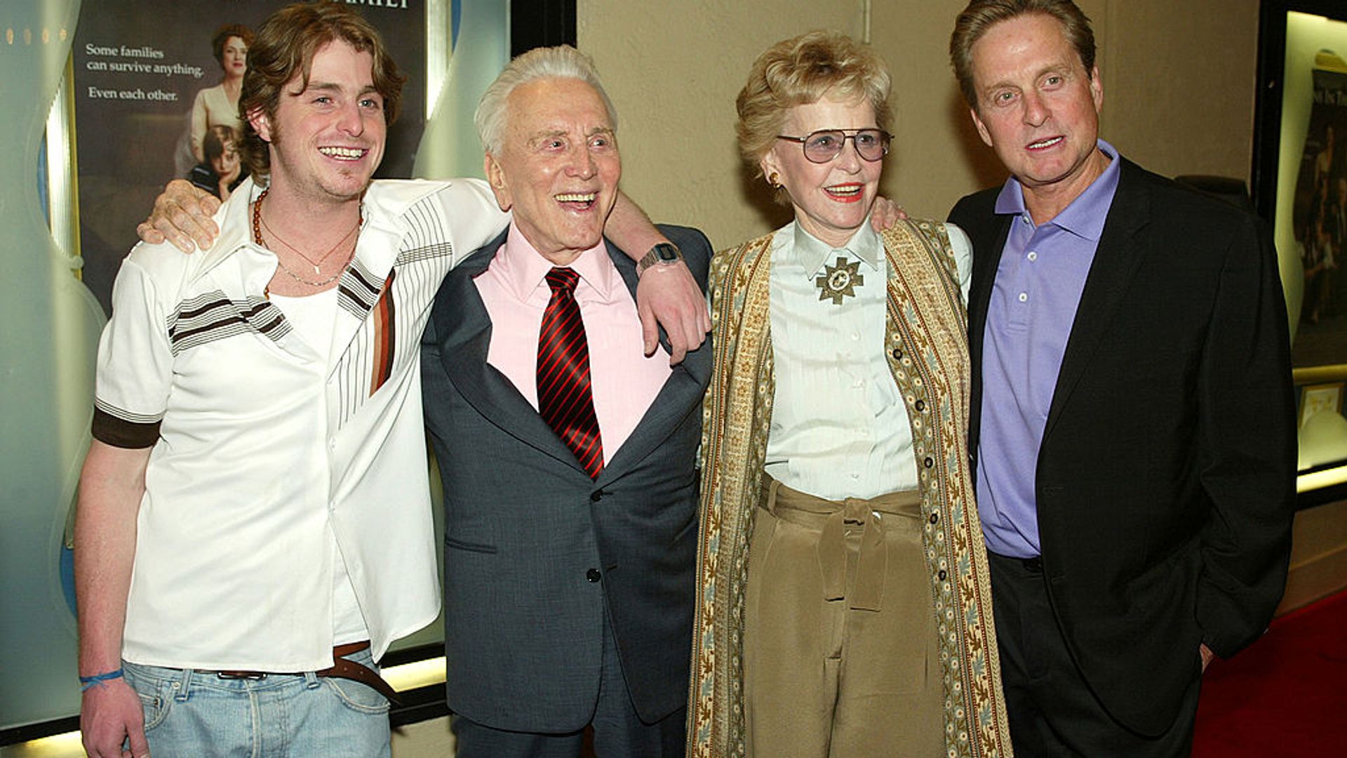 Actors Cameron Douglas, Kirk Douglas, Diana Douglas and Michael Douglas pose at the premiere of "It Runs In The Family"