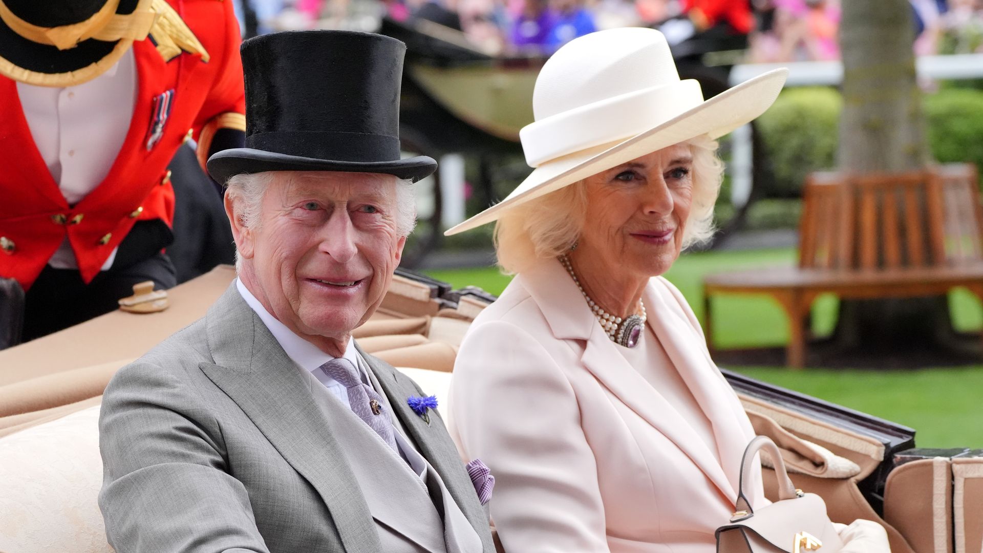 King Charles III and Queen Camilla arrives by carriage during day five of Royal Ascot at Ascot Racecourse, Berkshire