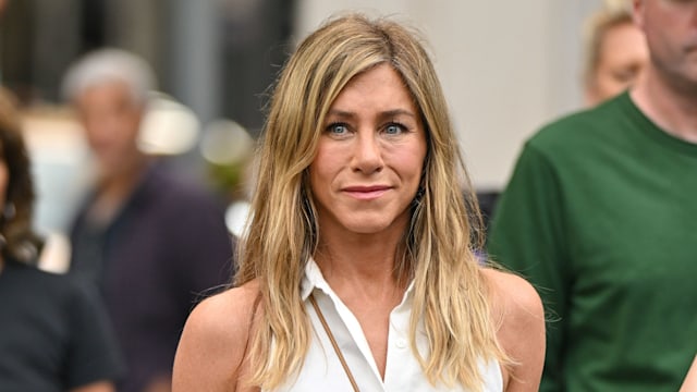 Jennifer Aniston is seen filming on location for 'The Morning Show' in the Flatiron District on July 27, 2024 in New York City