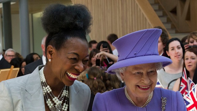 late queen chatting to floella benjamin