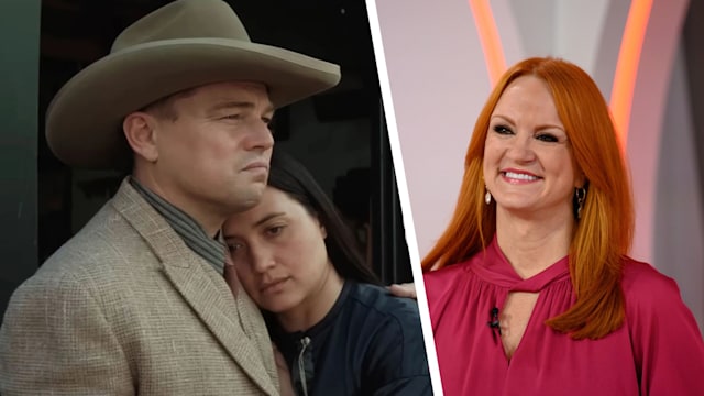 Leonardo DiCaprio and Lily Gladstone hug in Killers Of The Flower Moon, to the right is a separate picture of Ree Drummond