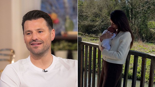 split image showing mark wright and michelle holding baby daughter