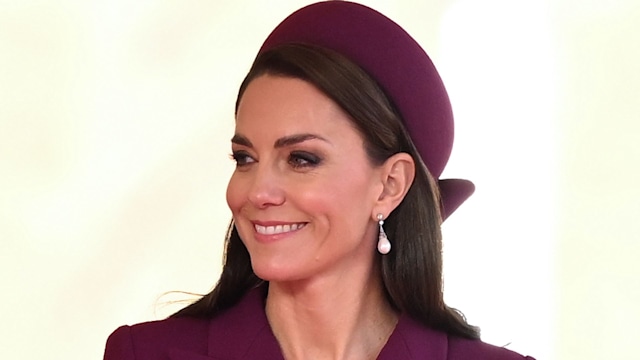 Kate Middleton wearing maroon dress 