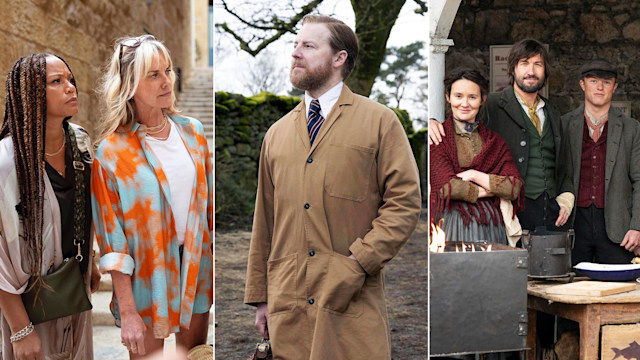 Split image of Channel 5 dramas The Wives, All Creatures Great and Small, and The Hardacres  