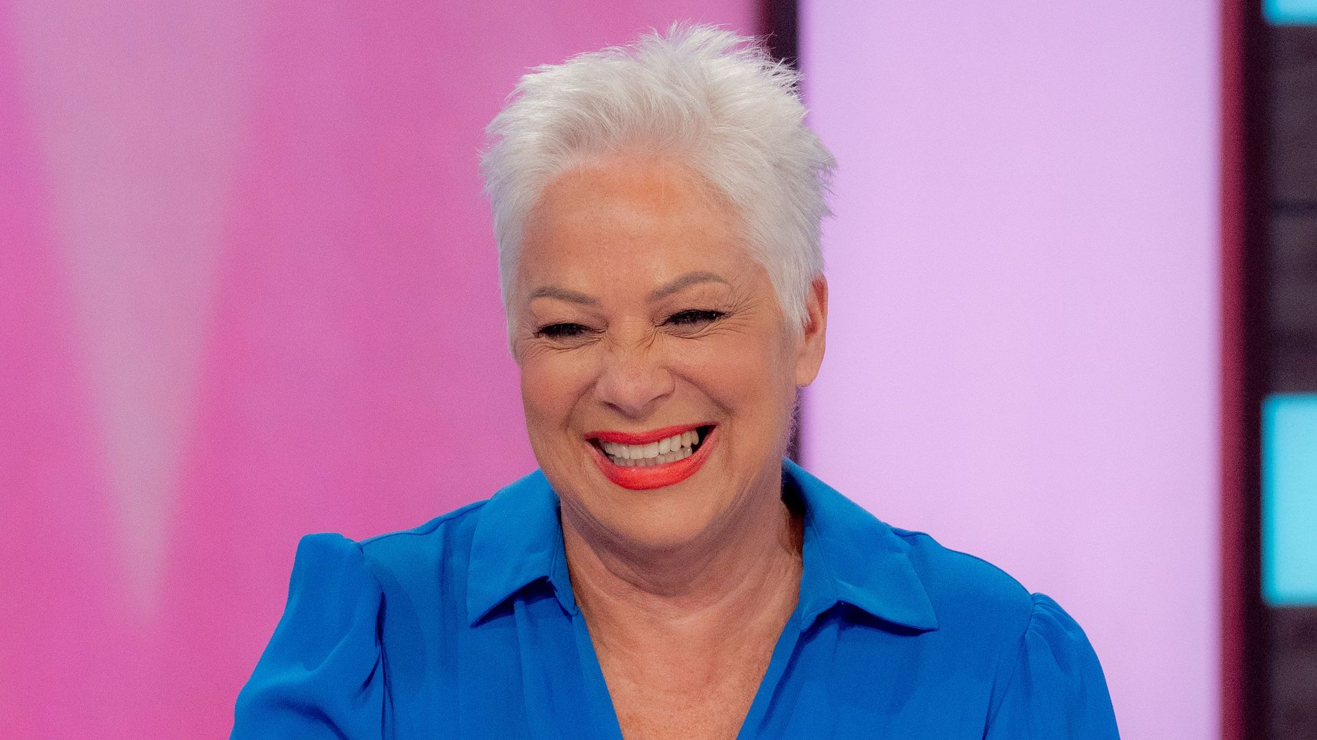 Denise Welch in a blue shirt