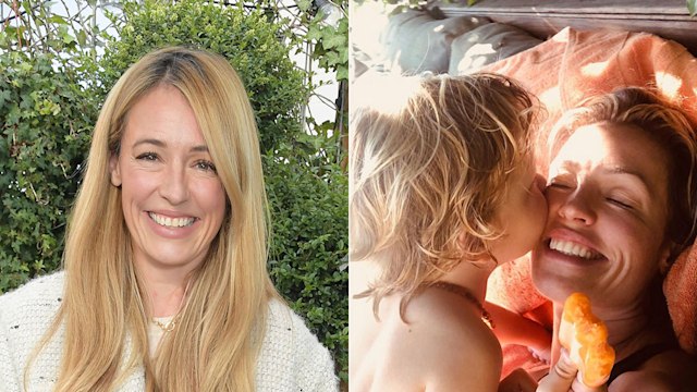 split image showing cat deeley with son