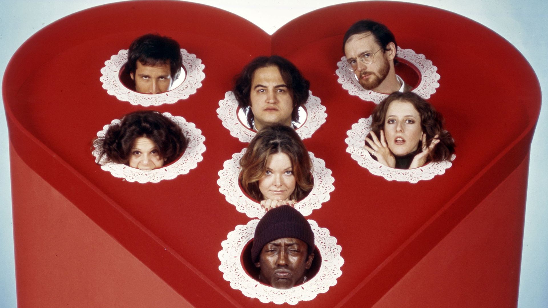 SATURDAY NIGHT LIVE -- Season 1 -- Pictured: (back, l-r) Chevy Chase, John Belushi, Michael O'Donoghue, (middle, l-r) Gilda Radner, Jane Curtin, Laraine Newman, (front) Garrett Morris, circa 1975.