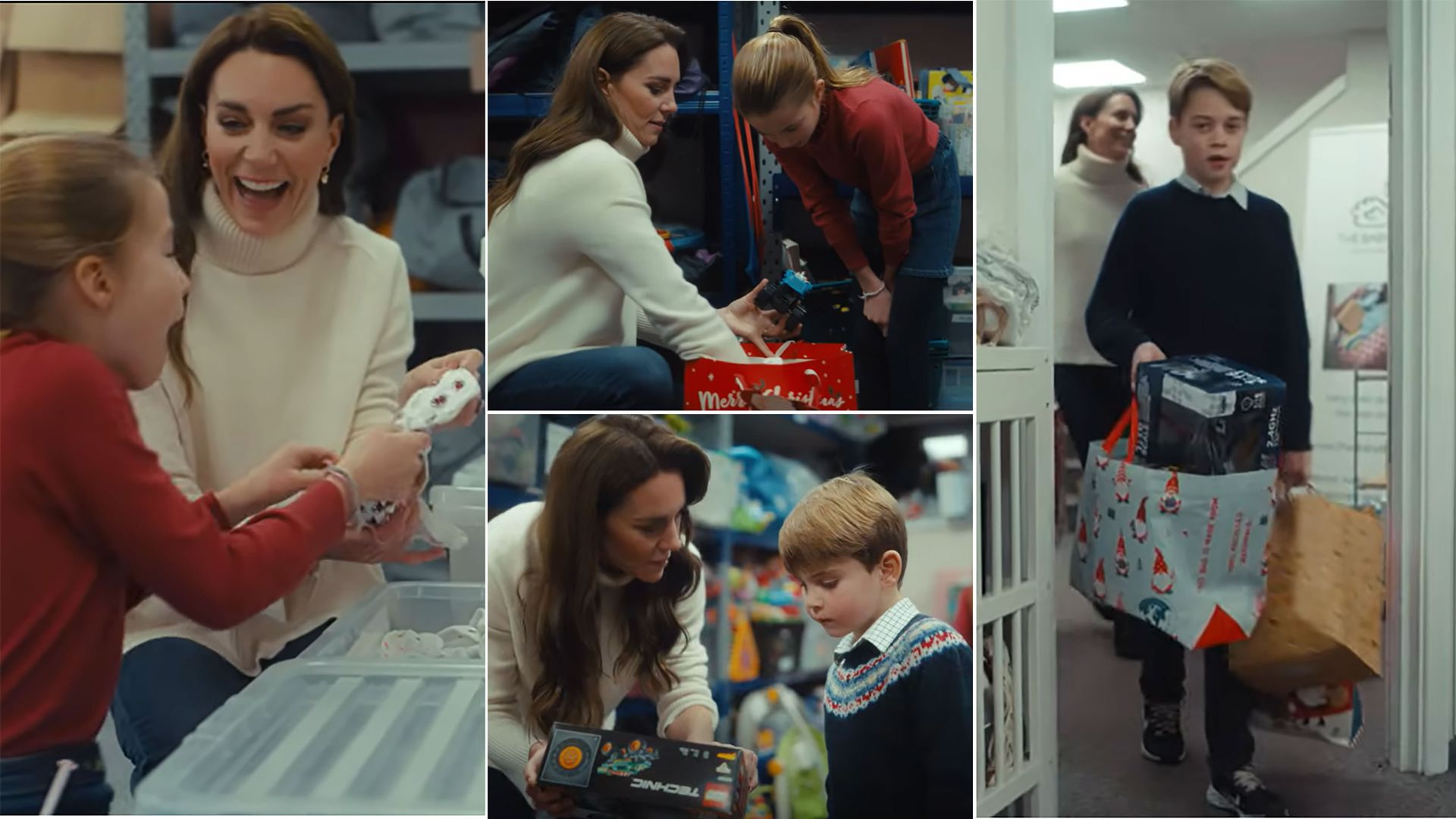 Kate Middleton with her children Prince George, Prince Louis and Princess Charlotte helping out at a baby bank