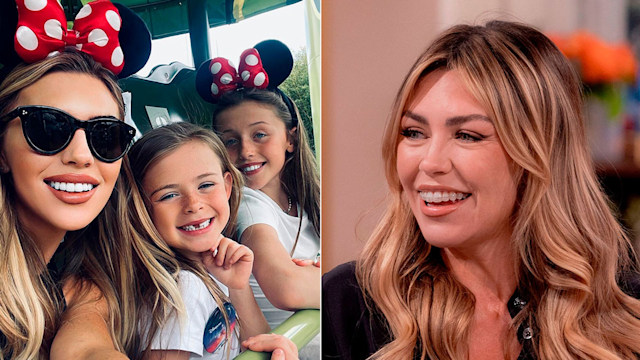 split image of mother with two daughters and woman smiling on sofa