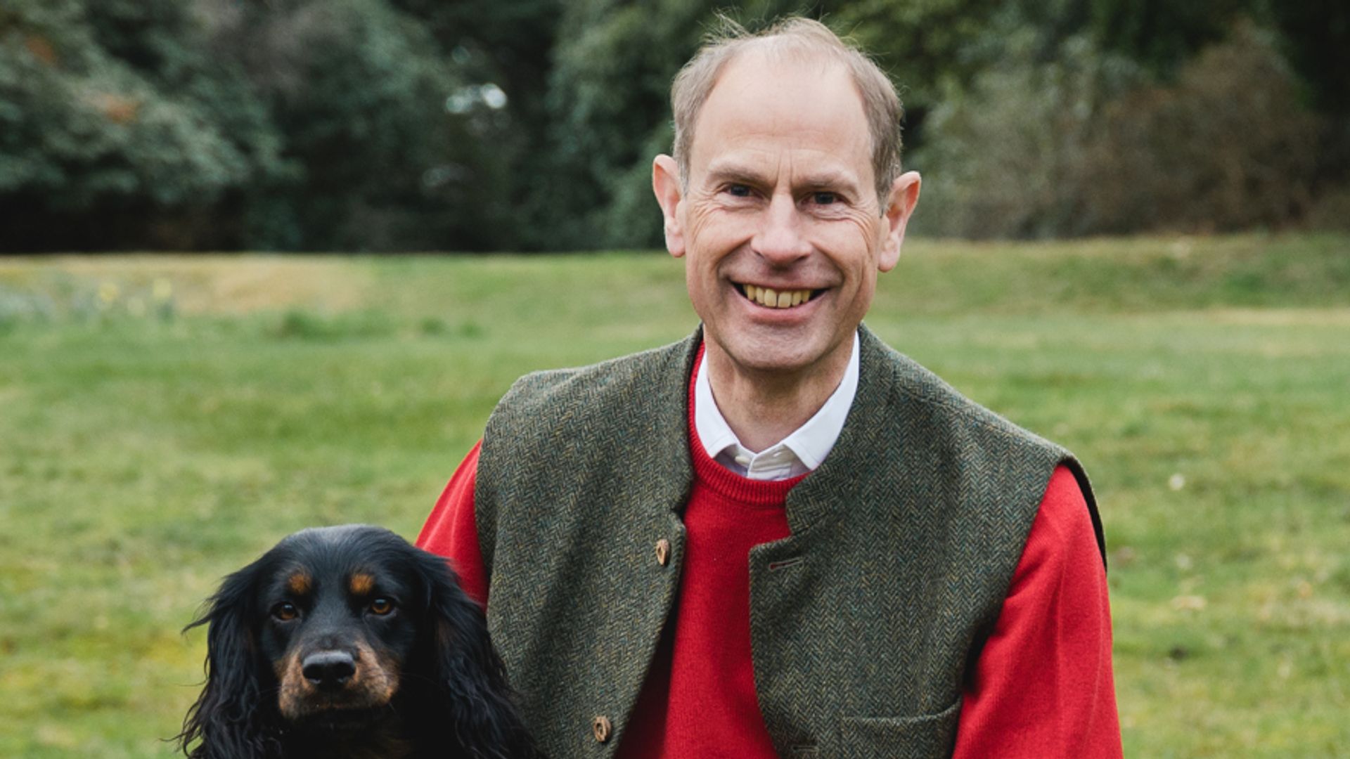 Prince Edward sat on a wall with three black dogs