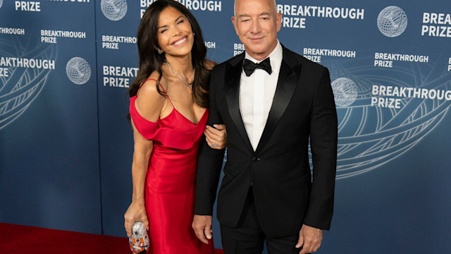 Lauren Sanchez and Jeff Bezos attend the 2025 Breakthrough Prize Ceremony at Barker Hangar on April 05, 2025 