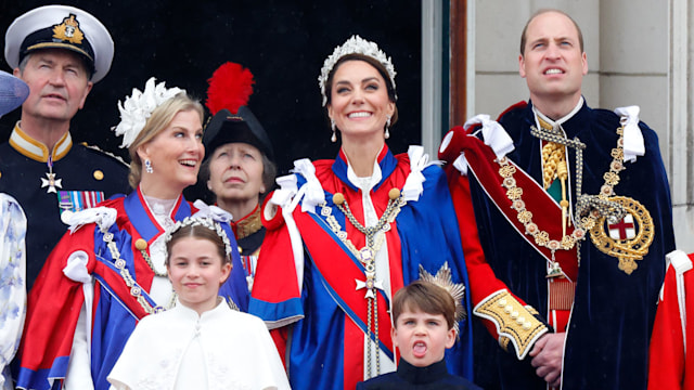 Vice Admiral Sir Timothy Laurence, Sophie, Duchess of Edinburgh and the Wales family watch an RAF flypast from the balcony of Buckingham Palace following the Coronation of King Charles III & Queen Camilla