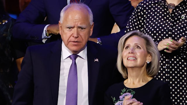 Democratic vice presidential candidate Minnesota Gov. Tim Walz, Minnesota First Lady Gwen Walz, Hope Walz, and Gus Walz attend the first day of the Democratic National Convention at the United Center on August 19, 2024