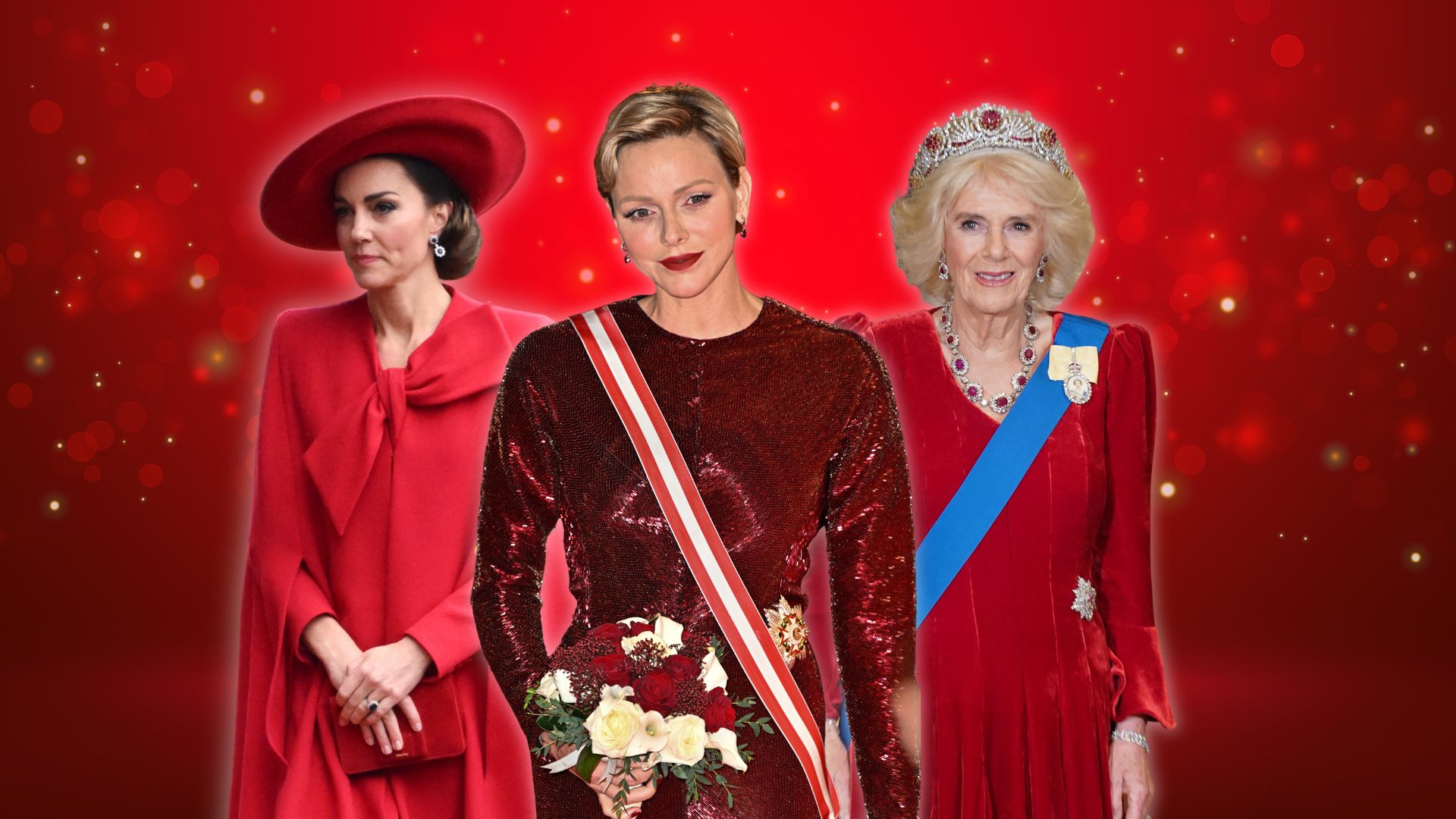 Princess of Wales, Princess Charlene and Queen Camilla wearing red