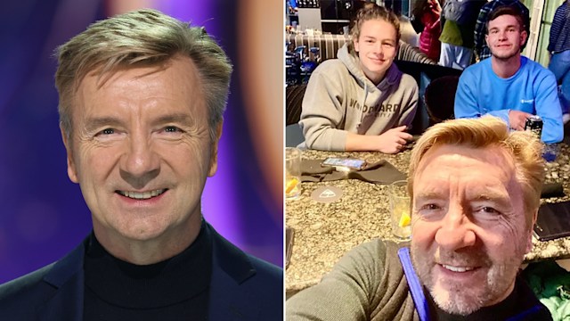 split image showing Christopher Dean on Dancing On Ice and also taking a selfie with his two sons in a sports bar