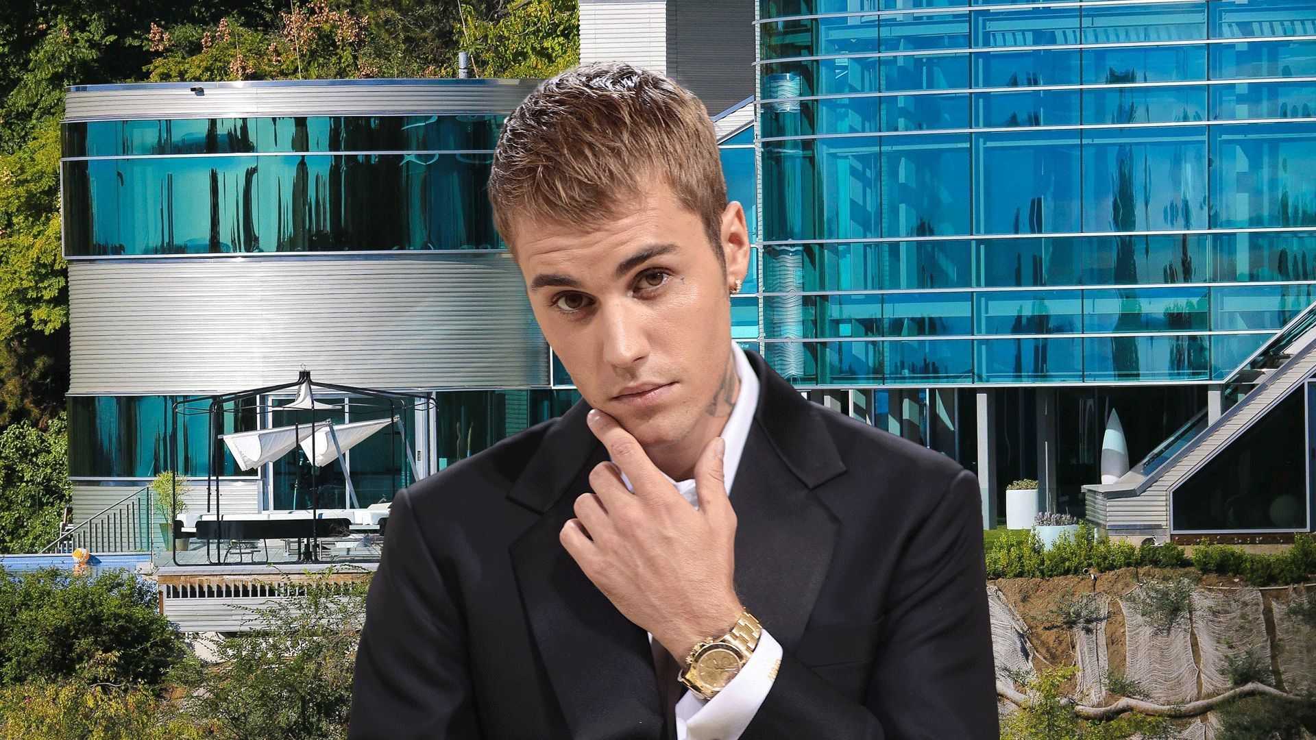 Justin Bieber superimposed on glass house
