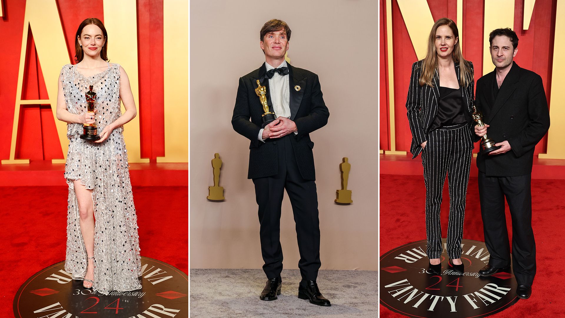 Emma Stone, Cillian Murphy, Justine Triet and Arthur Harari with their Oscar awards