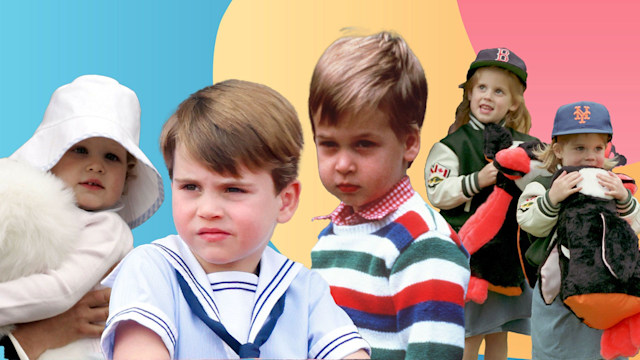 lady louise, prince louis, prince william, princesses beatrice and eugenie as kids on bright background