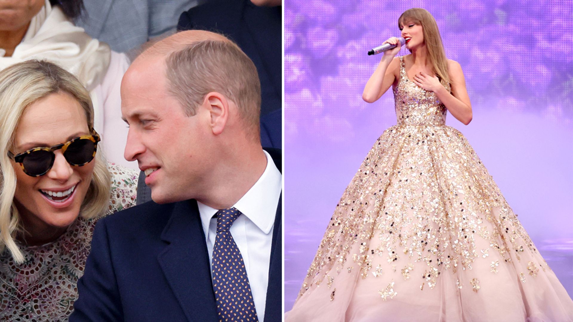 A split image of Prince William and Zara Tindall and taylor swift 